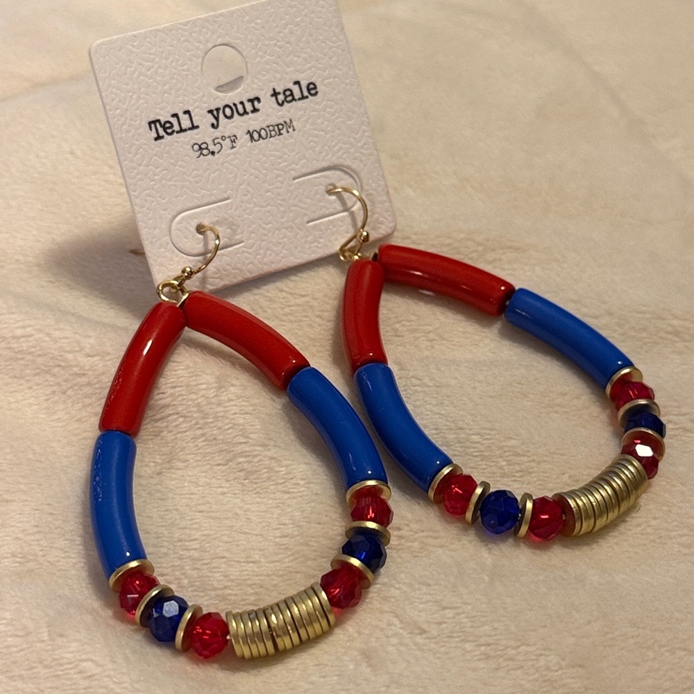 🌻 Tell Your Tale Red, Blue, and Gold Teardrop Dangle Earrings - Picture 2 of 3